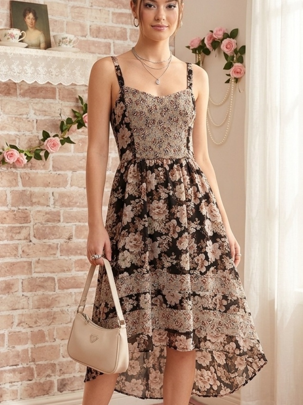 Vtg Y2K Mudd Black Floral High-Low chiffon size L Smocked Midi Dress